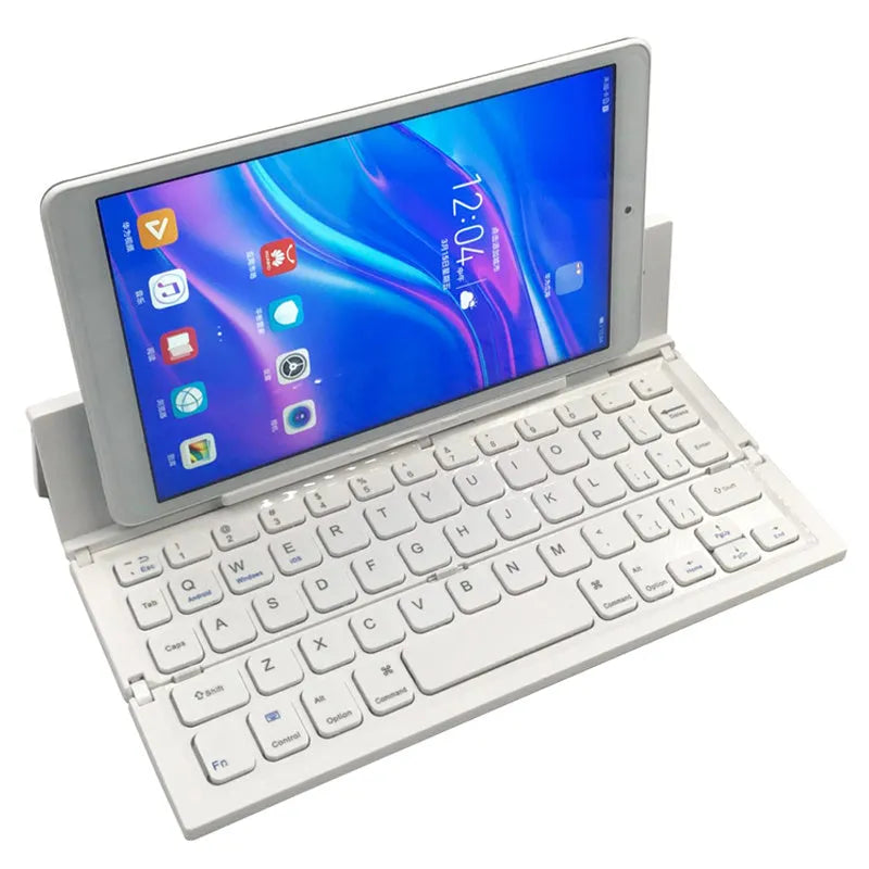 Black folding Bluetooth keyboard for tablets with aluminium bottom cover in open position