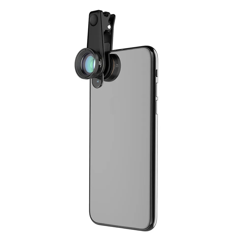 6 in 1 mobile phone lens kit showing fisheye, wide angle, macro, telephoto, CPL and star filter lenses with universal clip
