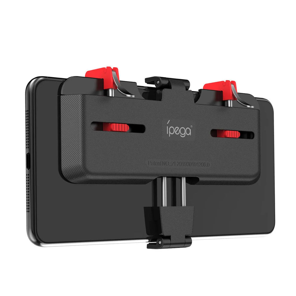 Black mobile phone gaming trigger bracket with adjustable sliding metal trigger and telescopic phone clip