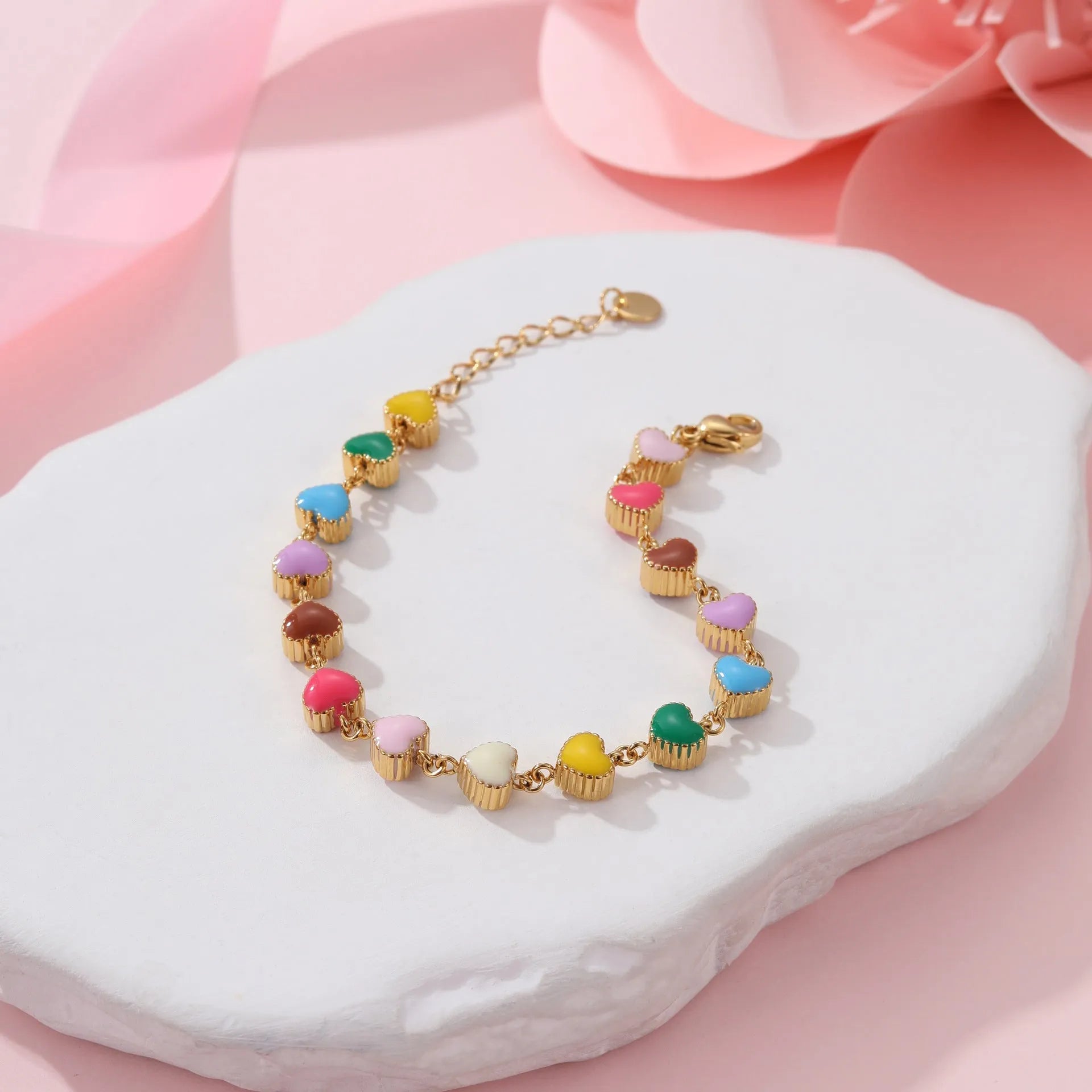 Women's titanium steel bracelet with love heart charm and colourful oil necklace pendant in gold and steel finishes