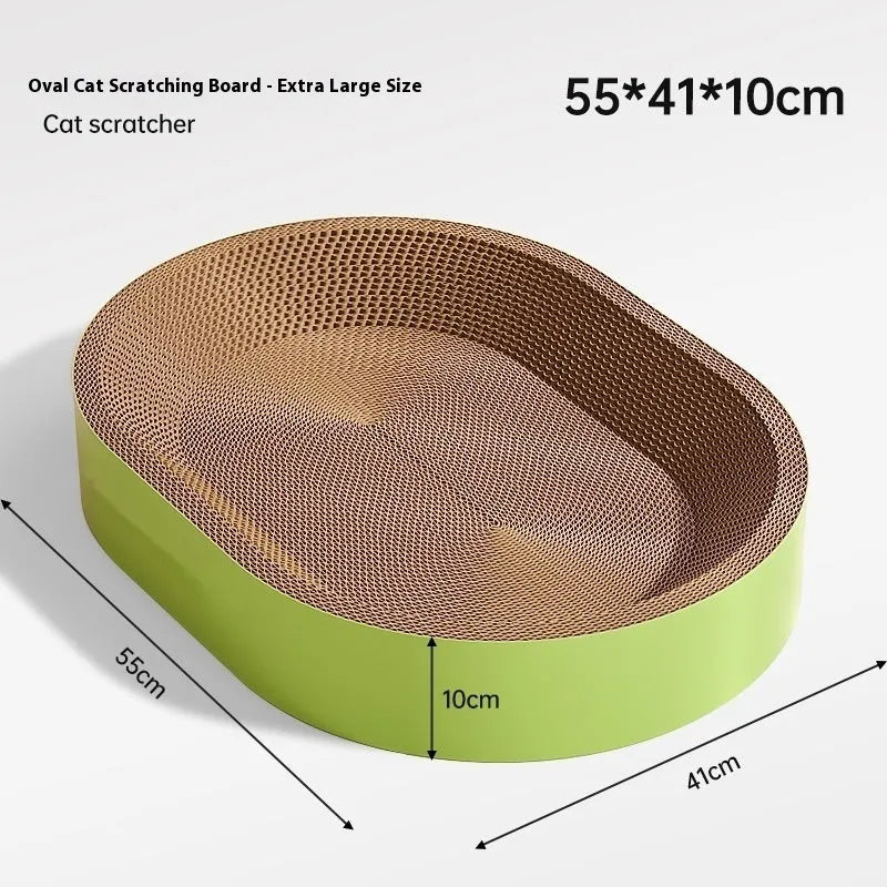 Green oval corrugated paper cat scratch board with a hollow centre forming a nest.
