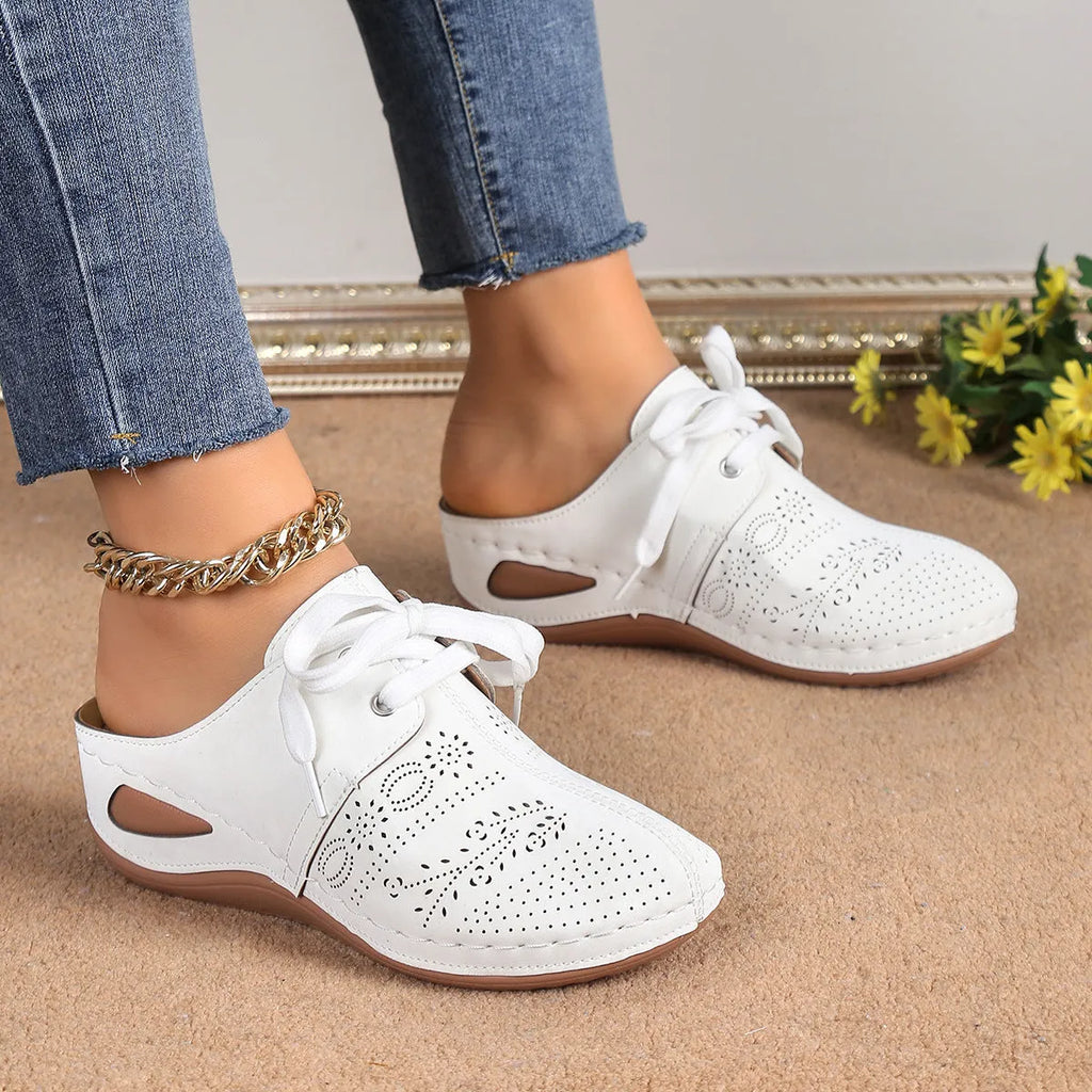 Women's baotou design lace-up wedge slippers with hollow out construction in suede upper