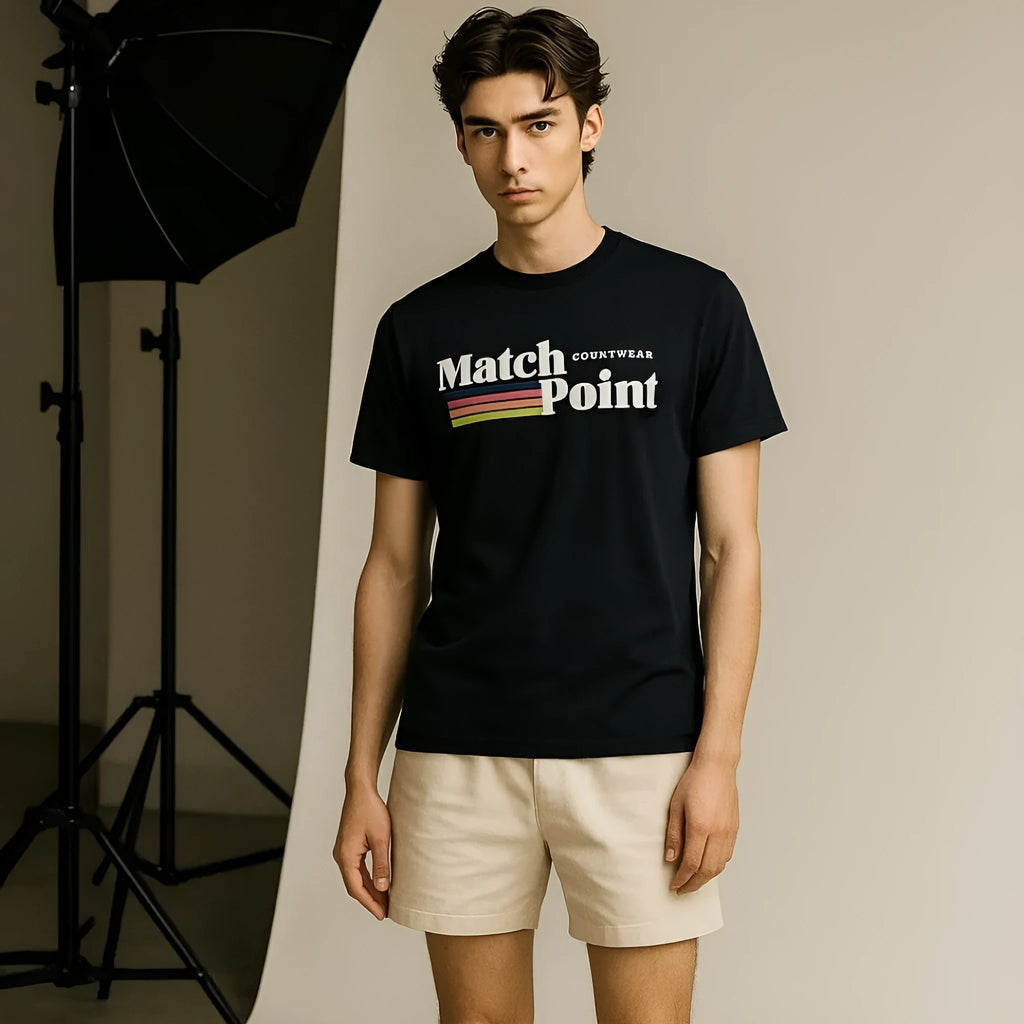 Black men's short sleeve T-shirt with a 3D digital printed pattern, round neck, on a mannequin.