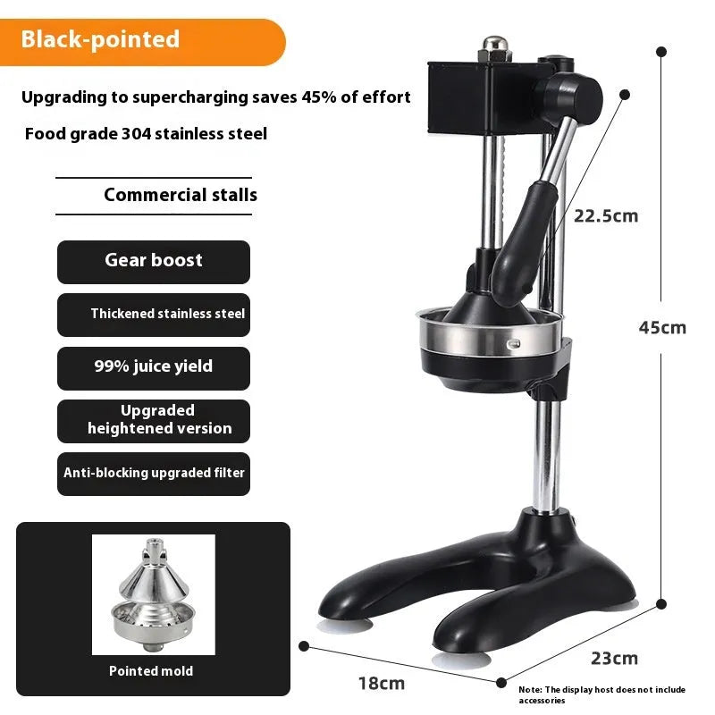 Vertical stainless steel manual juicer showing colour options and tip style variations