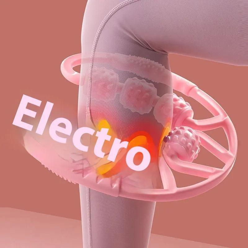 Close-up of a manual leg massager roller with a ring-clip handle and multiple plastic wheels.