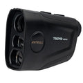 Golf laser rangefinder with slope compensation and USB-C charging showing LCD display with distance measurement