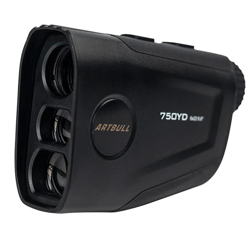 Golf laser rangefinder with slope compensation and USB-C charging showing LCD display with distance measurement