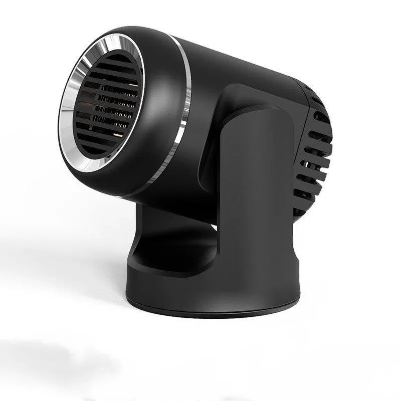 Black and white 12V portable car heater with three temperature settings for defrosting vehicle windscreens