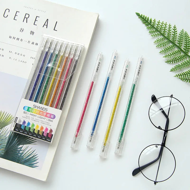 Colour changing flashing LED gel pen set with 8 transparent plastic pens showing internal mechanism