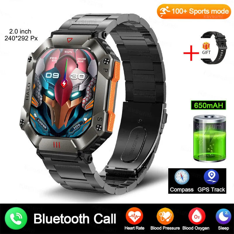 Android smart watch with GPS on wrist, showing titanium alloy case and black camouflage strap.