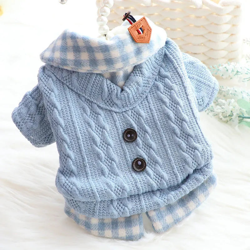 Blue plaid pattern dog sweater with fake two-piece design and fleece lining