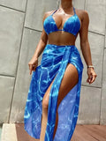 Floral print three-piece bikini swimsuit set for women, including top, pants, and skirt, in blue colour option.