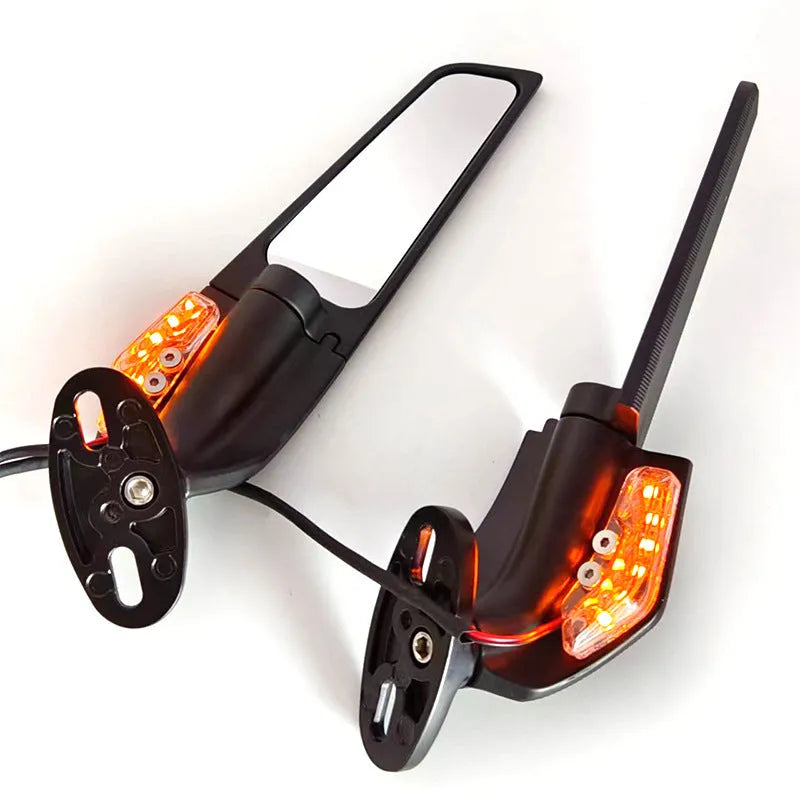Motorcycle spoiler-style rearview mirror with integrated yellow LED light and convex lens