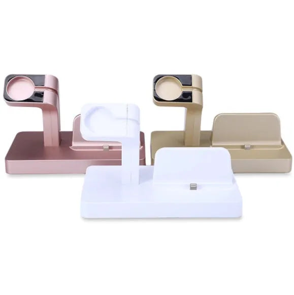 White 2-in-1 desktop charging dock holding an iPhone and an Apple Watch