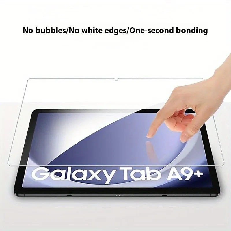 Tempered glass screen protector for Samsung tablets with anti-fingerprint coating.