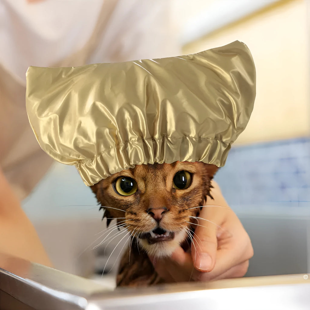 Adjustable ear-proof waterproof shower cap for dogs and cats in silver, pink, or gold.