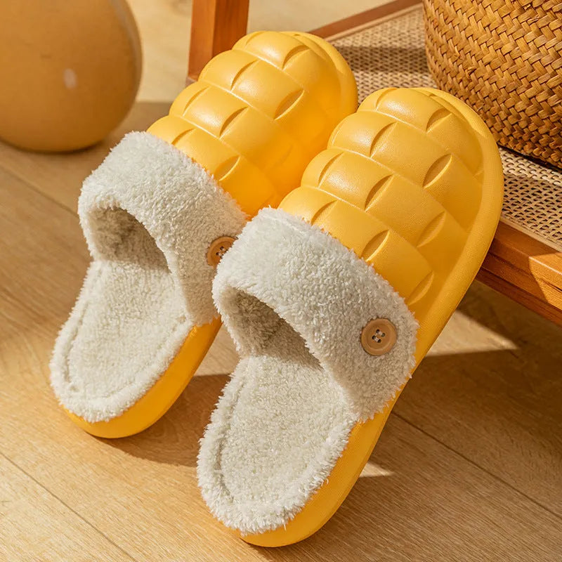 Plaid detachable EVA house slippers with plush lining, shown in assorted colours.