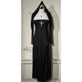 Black polyester women's nun costume dress with long sleeves for Halloween or cosplay