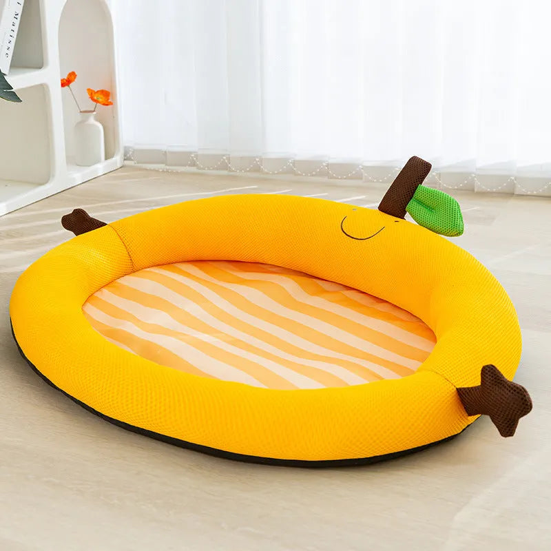 Green fruit backrest pet nest for dogs and cats, shown in a large size.