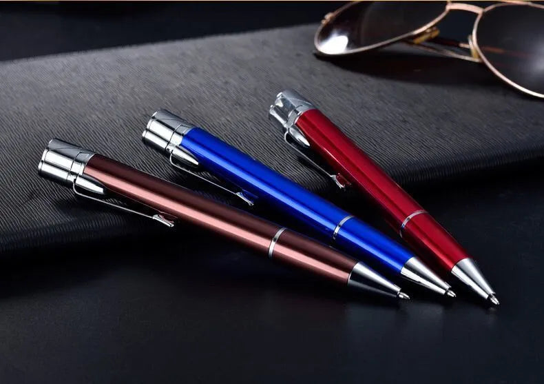 Metal windproof pen lighter showing jet flame, available in black blue red rose red silver yellow colours