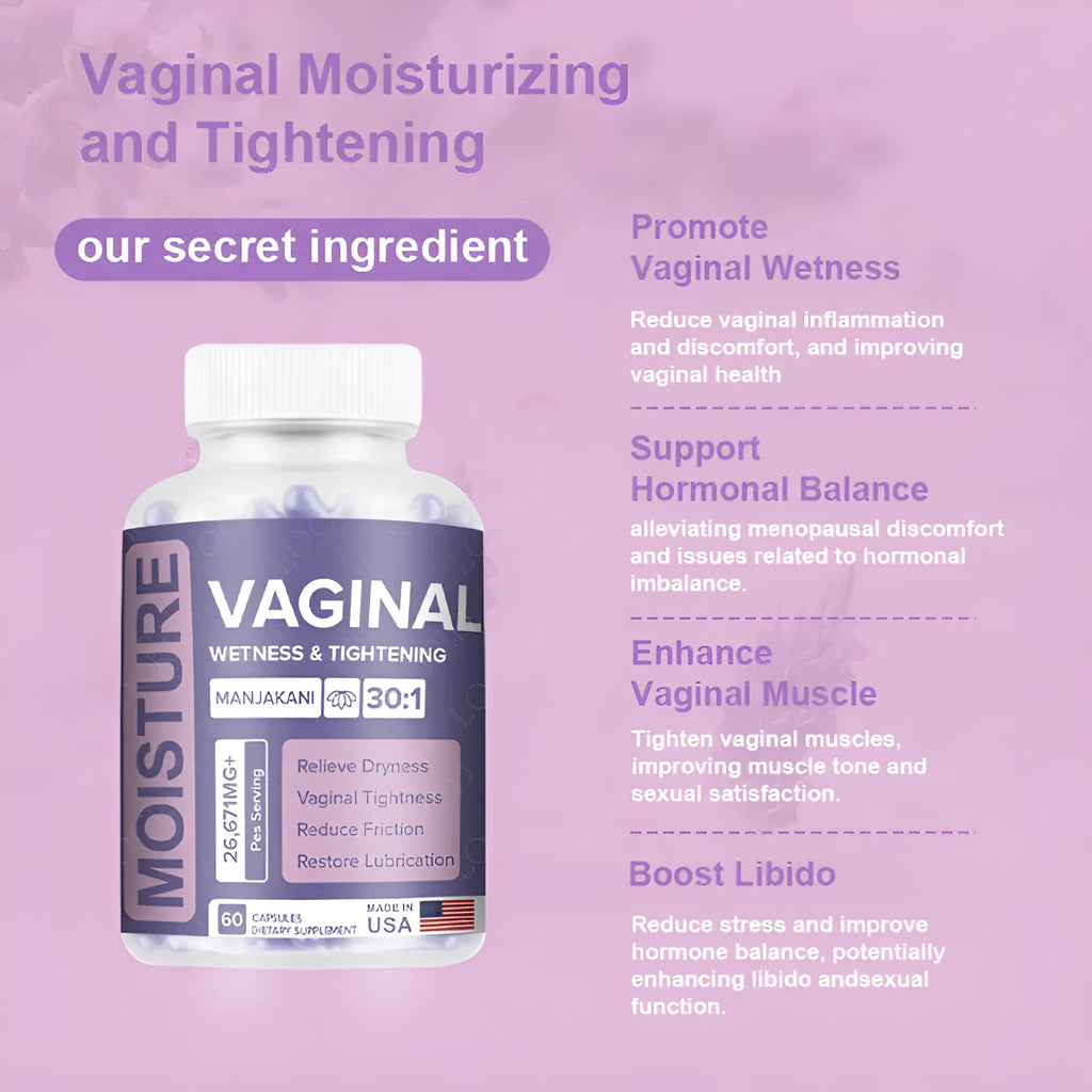 Bottle containing 60 vaginal capsules for adult women's intimate health.