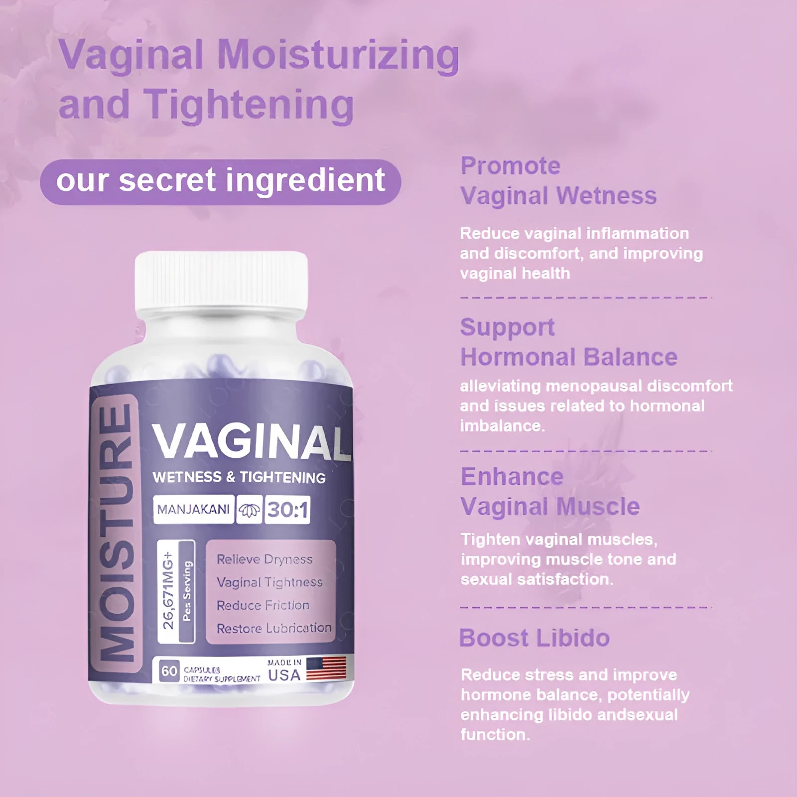 Bottle containing 60 vaginal capsules for adult women's intimate health.