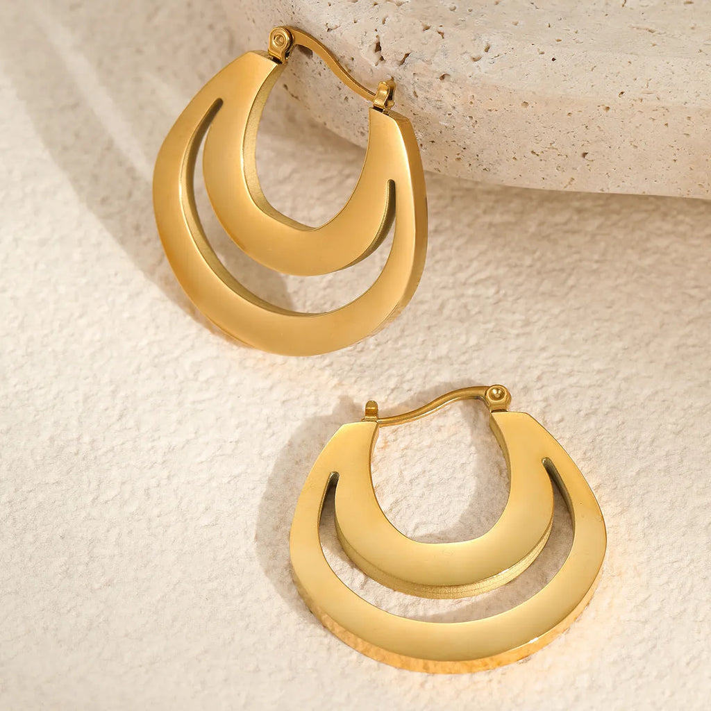 Geometric French earrings with round ring design in gold-plated 18K stainless steel