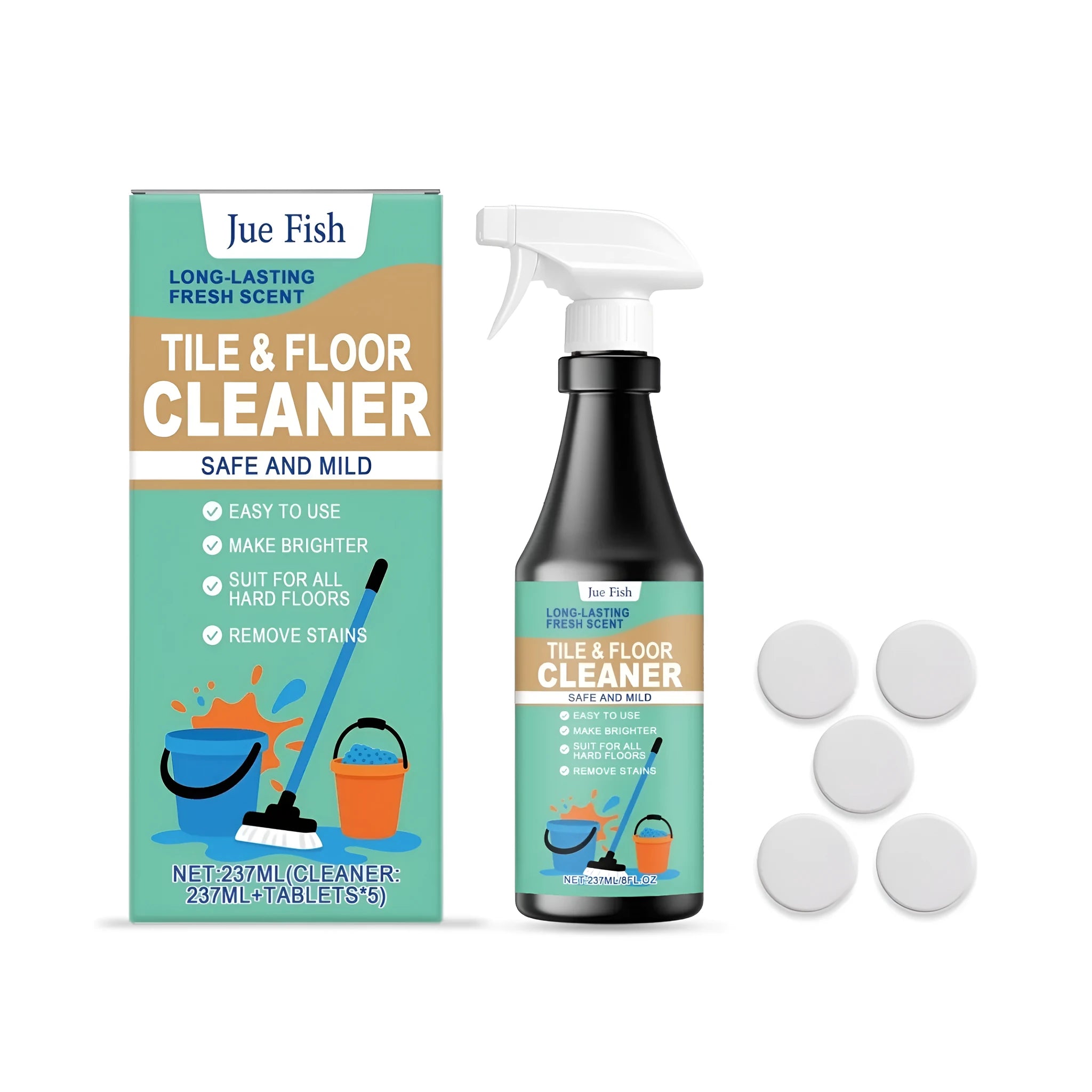 237ml bottle of floor cleaner with separate cleaning tablets on a white background.