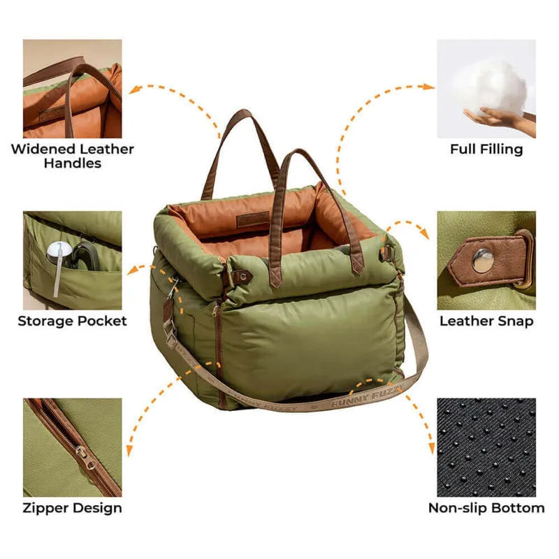 Green waterproof dog car nest with removable cover, shown on a car seat, dimensions 55cm by 50cm.