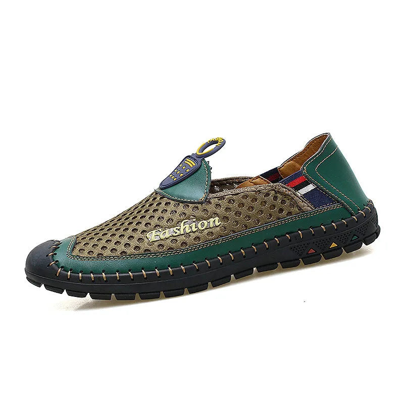 Men's brown casual mesh shoes with round toe and rubber sole on a white background