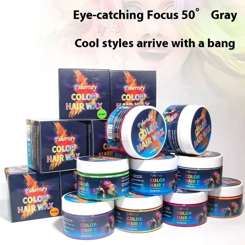 120g hair styling clay container showing colour options including blue, green, purple and rose red