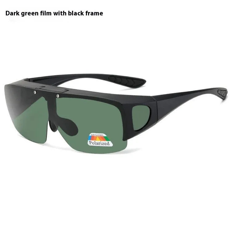 Polarised myopia sunglasses with a one-piece frame for outdoor sports like cycling and mountain climbing.