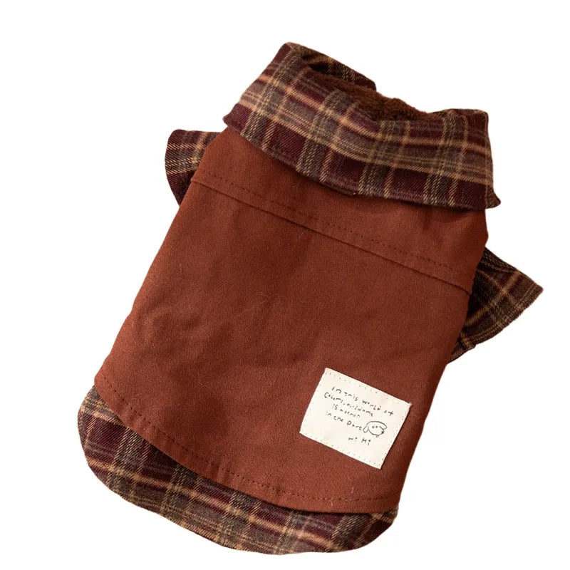 Autumn winter dog skirt with check pattern and thermal wool lining, featuring stretchable knitted fabric for small and medium dogs