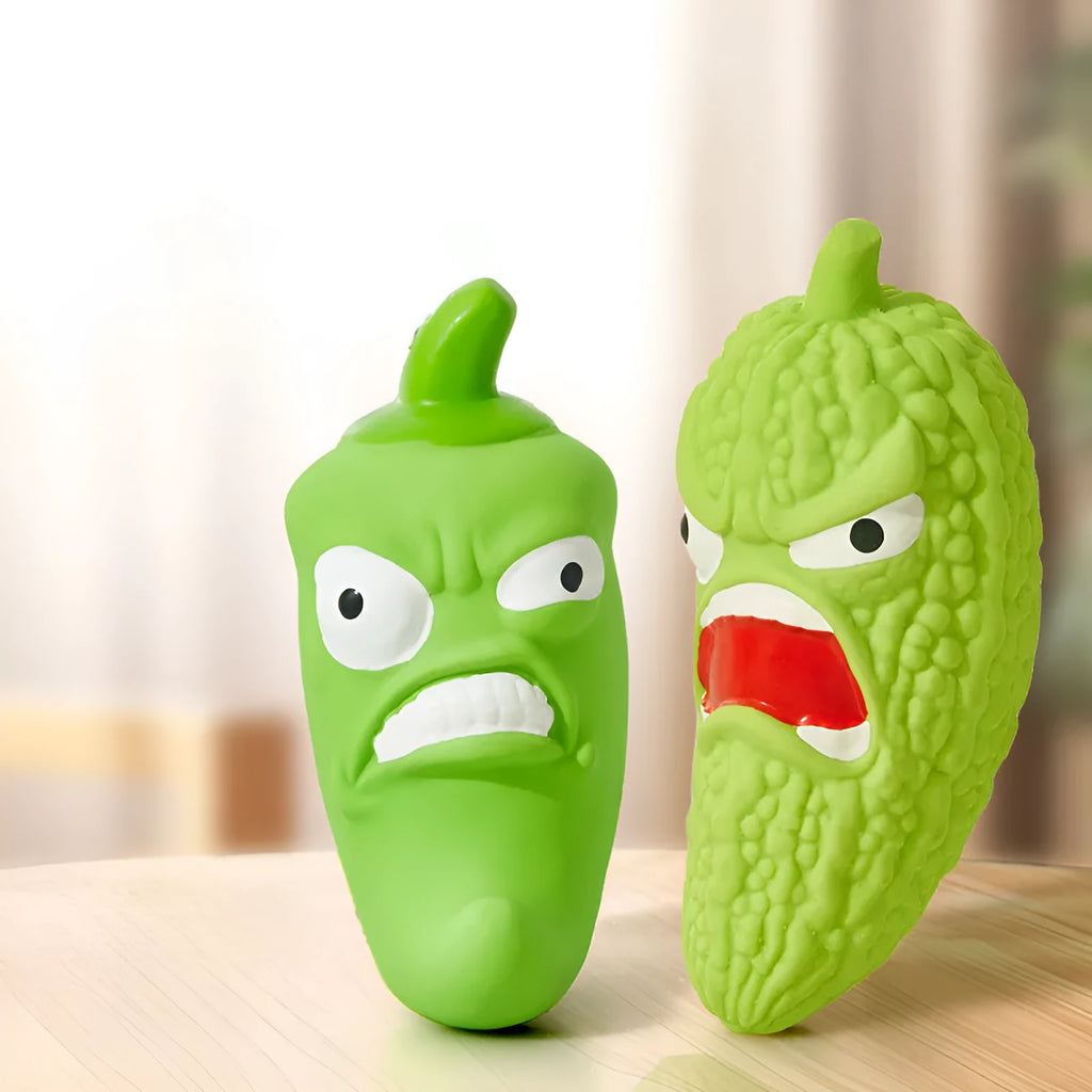Bitter melon and chili pepper shaped dog toys with textured surfaces for chewing and teeth grinding