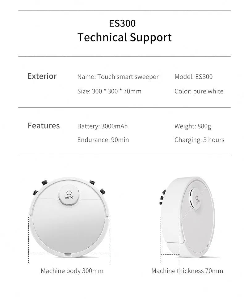 Automatic floor sweeping robot with slim profile on hard floor.