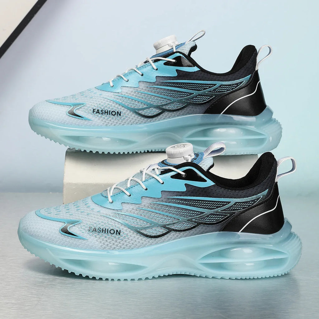 Breathable sky blue casual running trainers with mesh upper and rubber sole on a white background