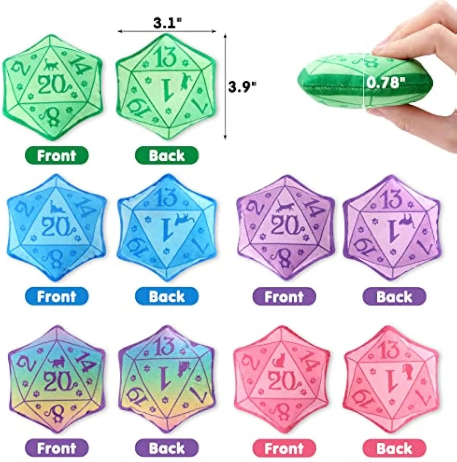 Dice-shaped plush catnip toy in multiple colours for D&D and cat play