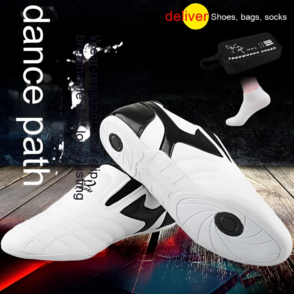 Black and white children's Sanda martial arts training shoes with a soft sole, shown with a shoe bag and socks.