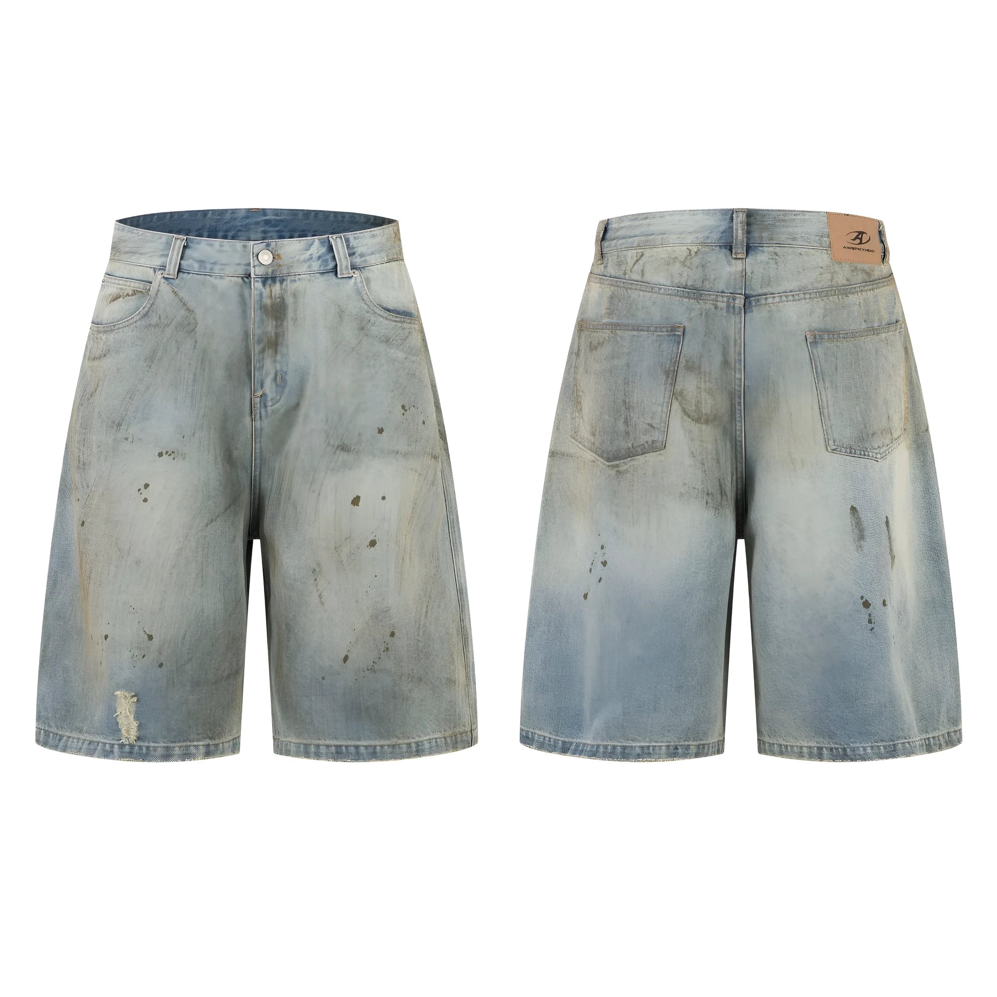 A pair of washed blue, cropped, straight-leg denim trousers on a plain background.