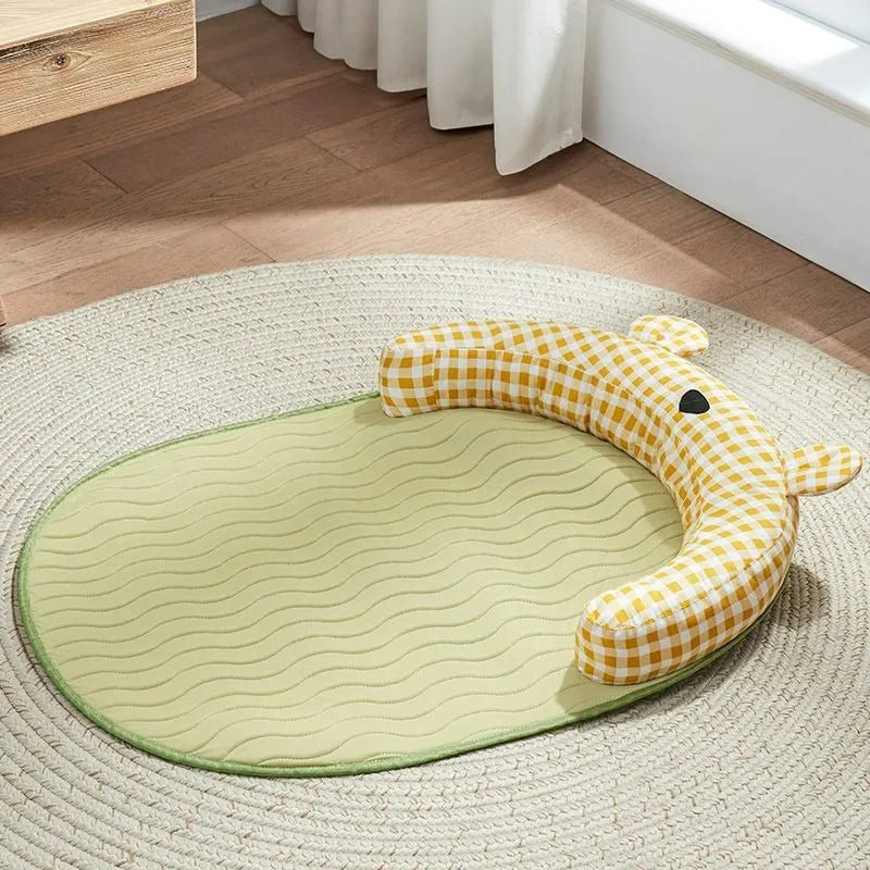 Four season pet bed mat with cooling ice pad in green colour, showing size comparison for small to extra large dogs and cats