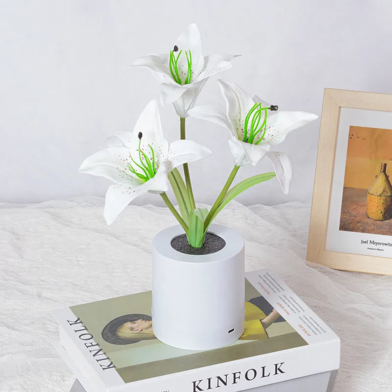 Rechargeable LED Lily Flower Pot Lamp Small Night Ambience Light in Lily White or Pink with 300W Power Output Decorative Table Lamp