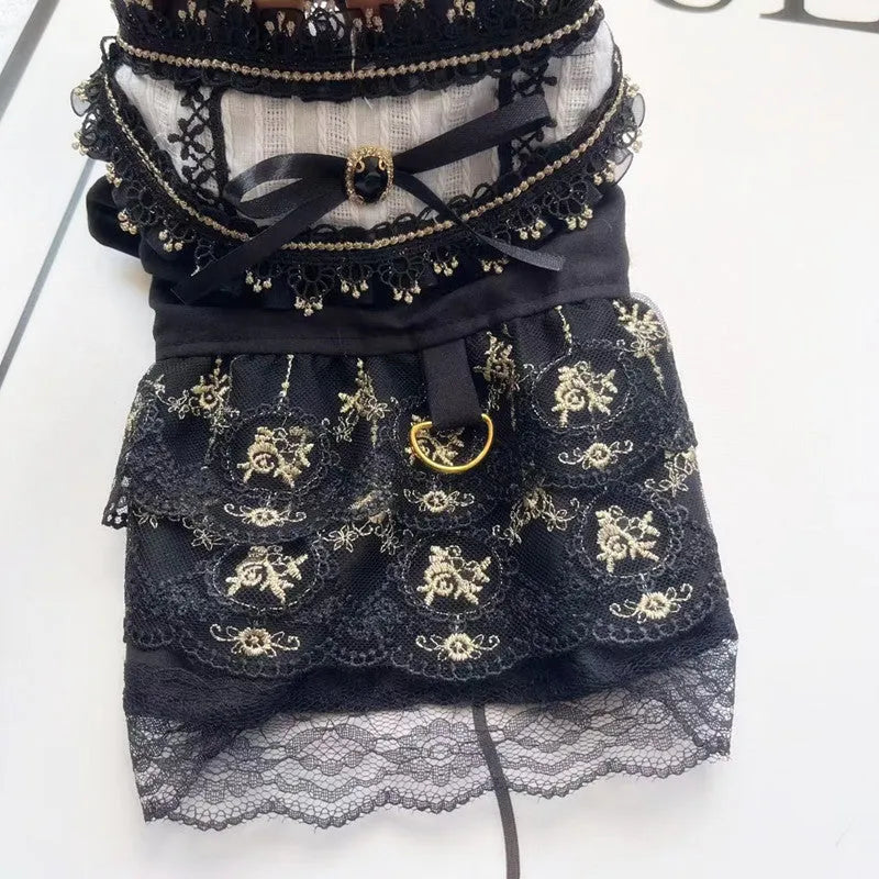 Golden gothic princess-style skirt costume for a small dog on a white background.