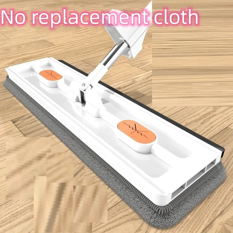 Large flat mop with long stainless steel handle and blue/white cloths on a hard floor.