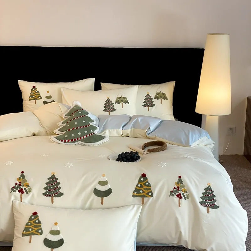 Pure cotton bedding set with embroidered Christmas tree design in plants pattern
