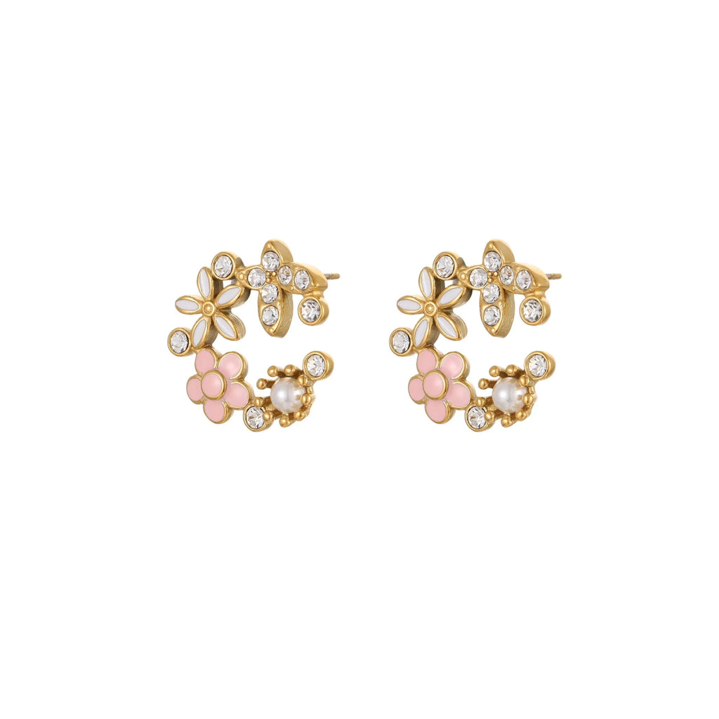 Flower stud earrings with colourful oil diamond finish on petal design, 18K stainless steel construction