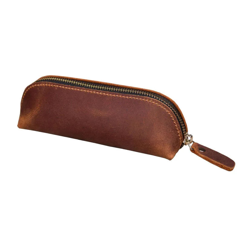 Handmade cowhide leather pencil case in rectangular shape with zipper closure