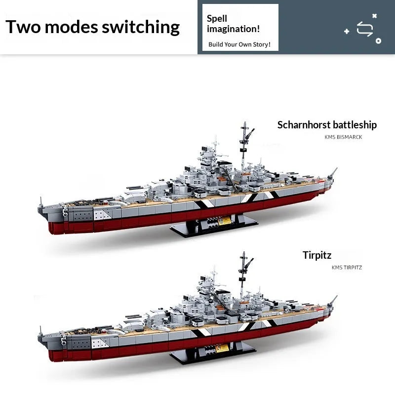Battleship Bismarck and aircraft carrier building blocks set in Xiaoluban 1102 colour, compatible with Lego, for ages 7-14