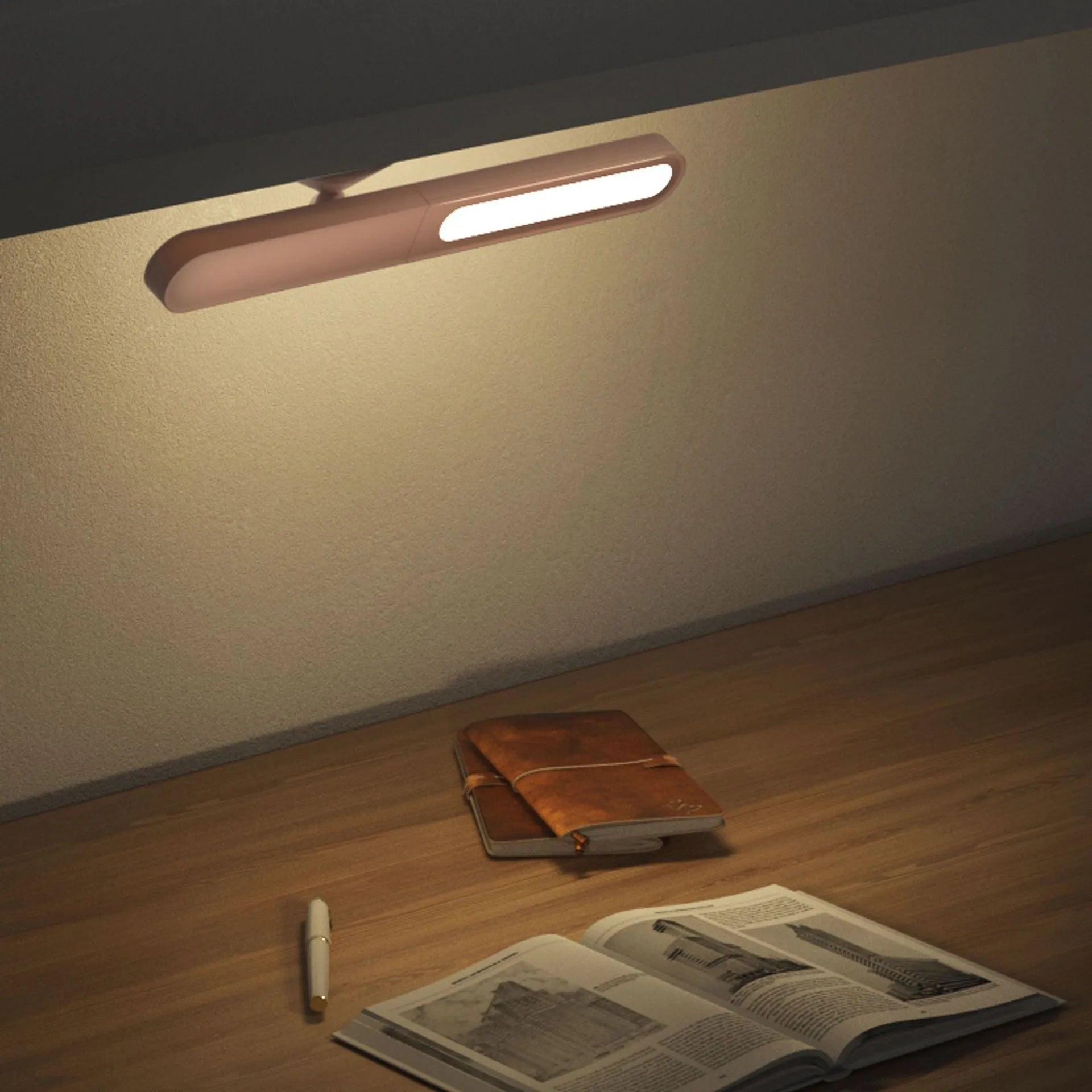 Geometric wireless table lamp with magnetic suction on metal surface showing USB connection