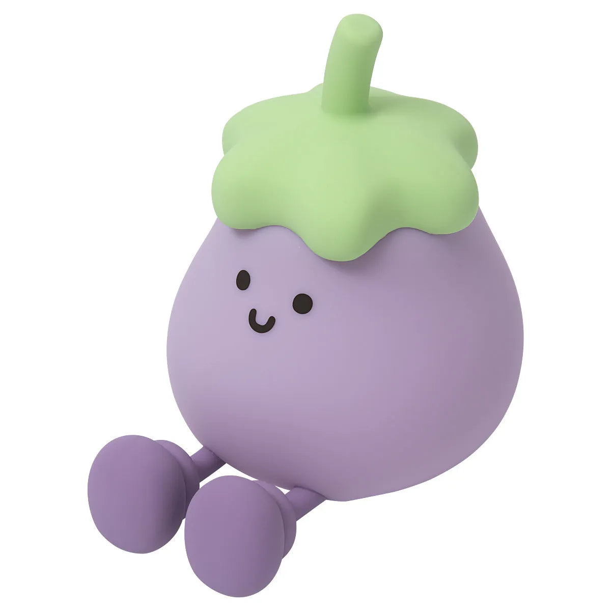 Cartoon eggplant-shaped small night lamp with soft yellow glow, shown next to a broccoli design variant.