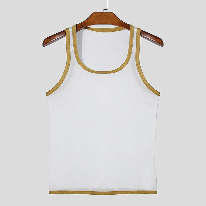 Men's white polyester mesh athletic vest with tight fit and straight hem design